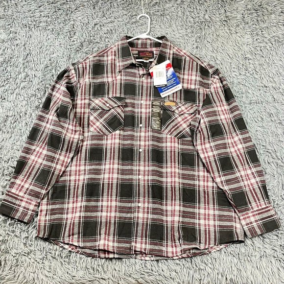 Men’s Extra Heavy Pearl Snap Plaid Flannel Outdoor Shacket Blk Red Gry 2XLT NWT - Picture 1 of 8